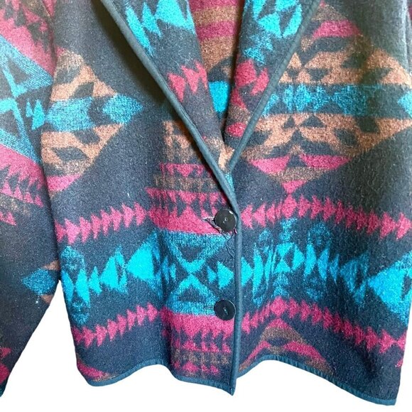 VTG Southwestern Navajo Aztec Wool Blend Jacket Blazer Short Teal Brown Black L - Picture 4 of 14